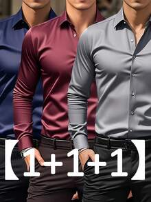Men's Three-Piece Set, Solid Color Long-Sleeved Business Shirt, Formal And Professional Work Shirt, Suitable For Office Work And Business Travel, Office Wear, Business Attire, Corporate Men, Professionals On The Job, High-Quality Material - 灰色 - 查看 3