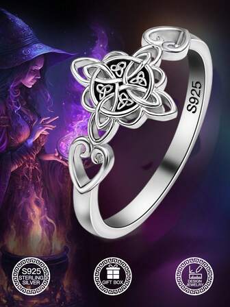 1 pieza Anillo de plata de ley S925 con cruz, corazón celta, nudo de bruja, versátil para uso diario, llamativo para fiestas, símbolo de fe, amuleto de la suerte, accesorio unisex, regalo de cumpleaños/San Valentín, viene con caja de regalo
