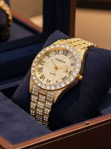 1pc Men's Gold Steel Band Fashion Rhinestone Hip Hop Style Casual Quartz Wrist Watch, Suitable For European And American Youth And Students - one-size - View 4