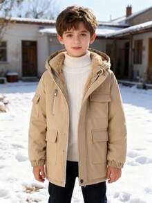 Tween Boys' Casual Thermal-Lined Hooded Zip-Up Padded Coat, Warm And Windproof For Autumn/Winter - Khaki - View 1