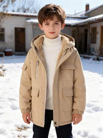 Tween Boys' Casual Thermal-Lined Hooded Zip-Up Padded Coat, Warm And Windproof For Autumn/Winter