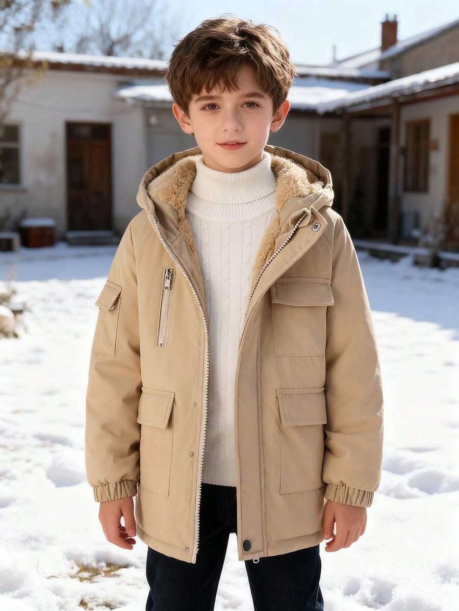 Tween Boys' Casual Thermal-Lined Hooded Zip-Up Padded Coat, Warm And Windproof For Autumn/Winter - Khaki - View 1
