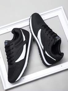 Men's Style Lightweight Comfortable Flat Casual Shoes Round Toe Lace-Up Versatile Fashion Running Sports Shoes - Black and White - View 1