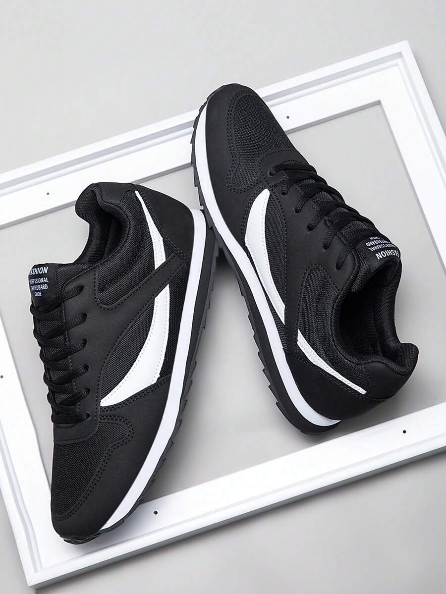 Men's Style Lightweight Comfortable Flat Casual Shoes Round Toe Lace-Up Versatile Fashion Running Sports Shoes - Black and White - View 1