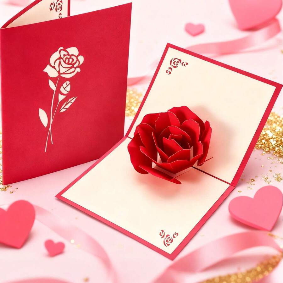 1pc 3D Romantic Rose Greeting Card, Creative Wedding Invitation, Valentine's Day Card - Single Piece - View 1