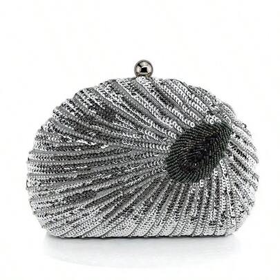 Peacock Blue Retro Cheongsam Style Handbag For Women, Peacock Embroidered Beaded Shiny Sequin Clutch Purse, Suitable For Formal Occasions Like Dinner Party, Wedding, Banquet