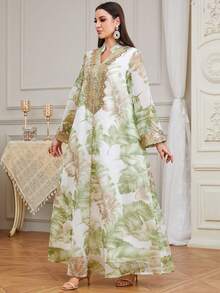 Elegantes neues Damen Kleid mit V-Ausschnitt, Langarm, Folienprint und Perlenstickerei-Spitzenbesatz, geeignet für Eid Al-Fitr Feier, Eid Al-Adha Fest, Party, Zuhause und Alltag - Grün - Übersicht 4