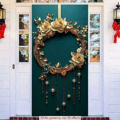 2D平面涤纶斋月门帘，1件装，优雅金色花环，饰以鲜花、树叶、蓝色珠子和垂坠珍珠，开斋节拍照道具及用品，适用于穆斯林斋月和宰牲节庆祝活动，伊斯兰主题节日装饰