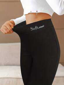 Women's Fleece Lined High Waist Leggings Winter Warm Thickened Stretchy Pants With Fashion Leather Label,Fleece Lined Leggings With Pockets - Warm High Waisted Yoga Pants For Winter Outdoor/Everyday,Warm Fleece Lined Leggings With Side Pockets - High Waisted Tummy Control Pants For Fall/Winter - 黑色 - 查看 4