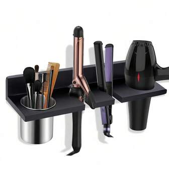 壁挂式木质美发工具收纳架 - 多功能收纳架，可放置吹风机、卷发棒、直发器、梳子等 - 复古时尚设计，无需组装，节省空间，浴室及美发沙龙收纳好帮手，耐用木质及金属结构，带吹风机支架和置物架