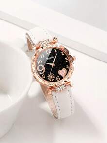 6/5件套优雅女孩精致时尚烟花心形图案表盘石英表，适合女孩佩戴，可搭配蝴蝶首饰项链、手链、戒指、耳环套装，适合作为女孩的生日/节日礼物，也适合日常生活，例如圣诞节礼物、返校季、派对等。毕业季、情人节、圣诞节，是送给女孩的完美礼物。