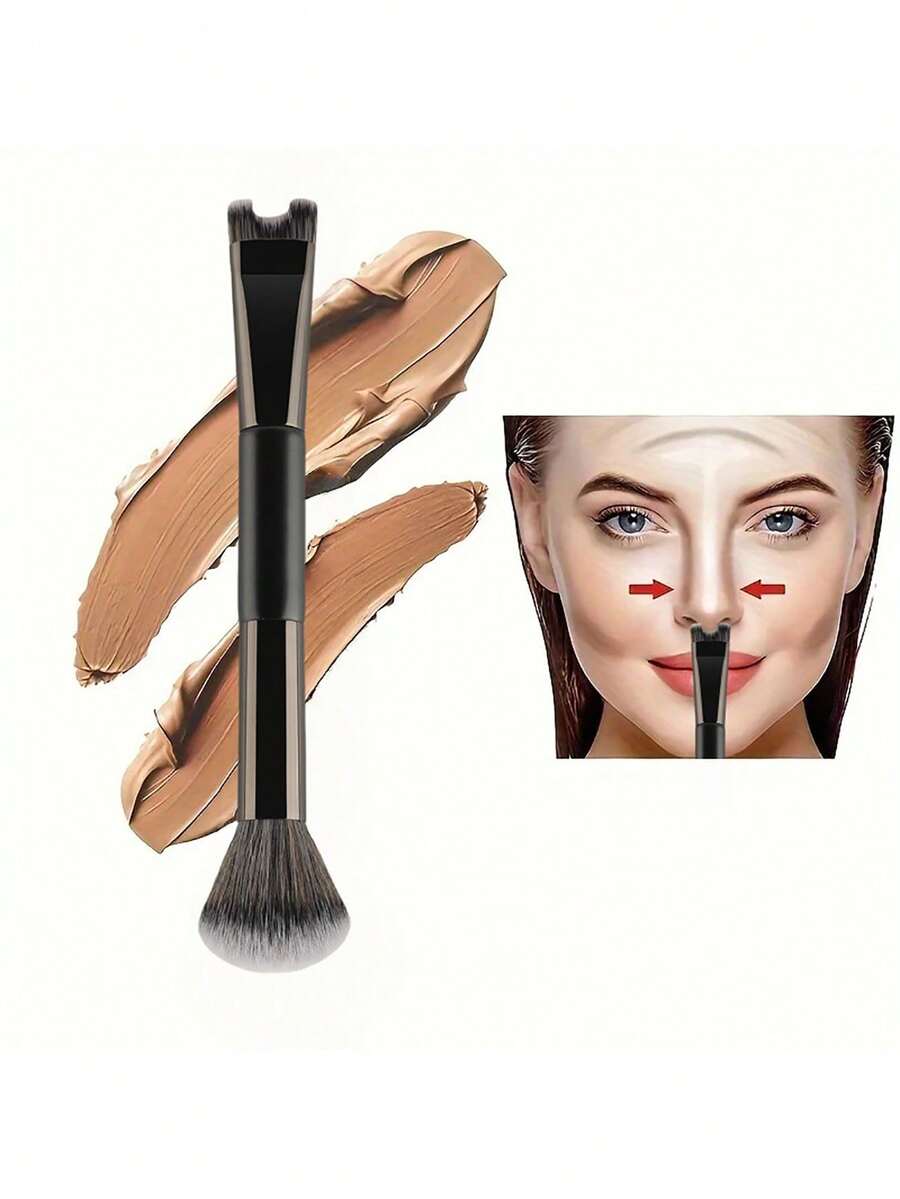 1pc 2-In-1 Blush Brush, Contour Makeup Brush, U-Shaped Nose Contour Brush, Highlighter Brush - Black - View 1