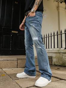 Men's Slim Fit Stretch Washed Distressed Flared Jeans, All Season - Blue - View 3