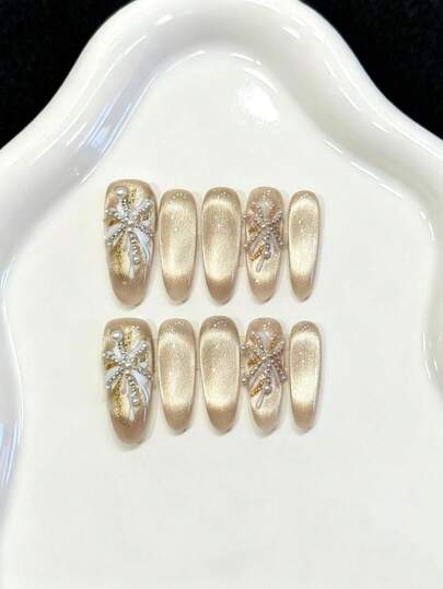 10PCS Long Oval Handmade Press On Nails For Party And Daily Wear ,Champagne Nails,Cat's Eye Ice Penetration,Oval Nails,Shiny And Dazzling,Easy To Wear 10pcs Y2K Handmade Press On Nails,Suitable For Girls And Women Festivals Parties And Daily Wear