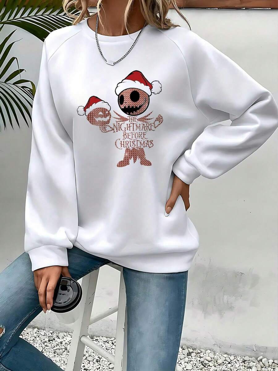 Nightmare Before Christmas Women's Sweatshirt - Jack Skellington & Sally Graphic Crewneck Pullover, Cozy Fall Winter Casual Sweater For Halloween & Christmas, Machine Washable Holiday Apparel - White - View 1