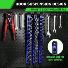 1/4 - Inch Magnetic Socket Organizer Rail, Aluminum Alloy Socket Rail, Heavy Duty Sockets Holder With 14 Clips, 360 Swivel Clip Tray, Sockets Organizer Box Drawer Red - 3/8-inch + Blue - View 7
