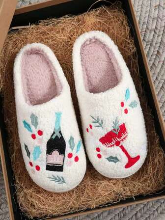 Christmas Casual Plush Lined Cartoon Non-Slip Indoor Slippers For Women, Comfortable Home Wear For Winter