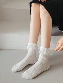 1pair/2pairs/3pairs/4pairs/5pairs Women Beige Mesh Lace Trim Cute Fashion Cosplay Thigh High Socks, All Season, Fall Socks