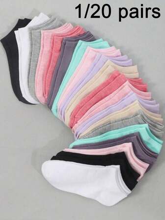 1/20 pares/40 piezas Calcetines de mujer de color caramelo sólido, calcetines deportivos, calcetines invisibles, unicolor minimalista de moda, adecuados para uso diario casual