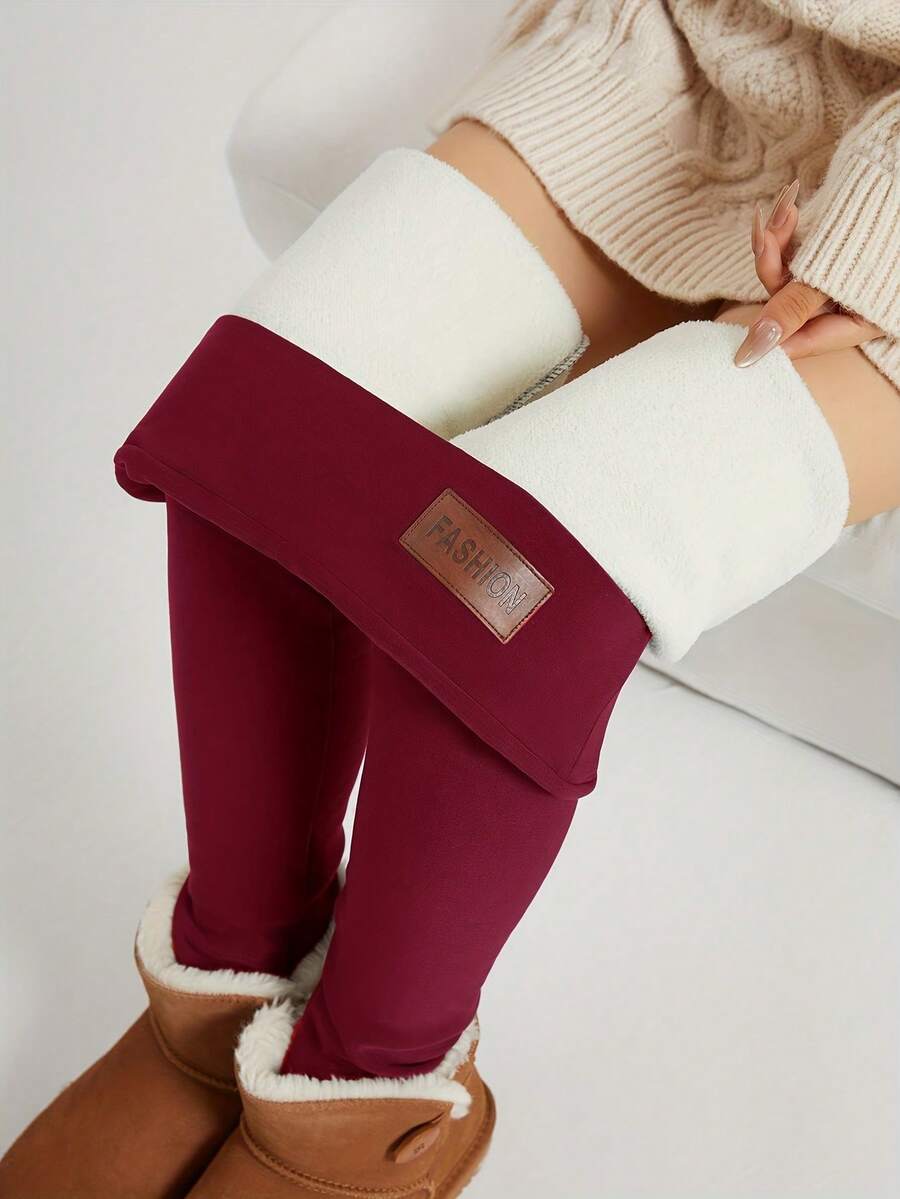 Women's Winter Warm Fleece Black Leggings (Black And Red Patchwork Color) - Multi Color Fashionable Warm Fleece Pants, Cold Resistant Fashionable Women's Pants - Đỏ - Xem 1