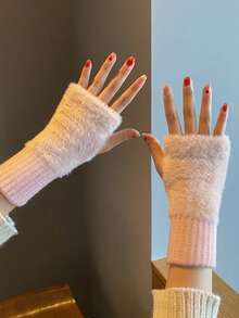 1 Pair Women's Fingerless Gloves, Fluffy Student/Office Writing Mid-Length Gloves For Winter - Multicolor - View 8