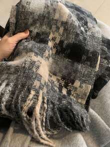 1 件装新款格子图案流苏围巾，男女皆宜的温暖冬季披肩 - 粉色 - 查看 4