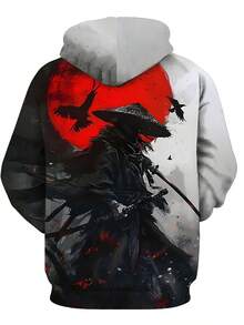 Sudadera con capucha de talla grande para hombres con estampado digital 3D de espadachín bajo la luna roja, con cordón delantero, manga larga, para otoño - Negro - Ver 2