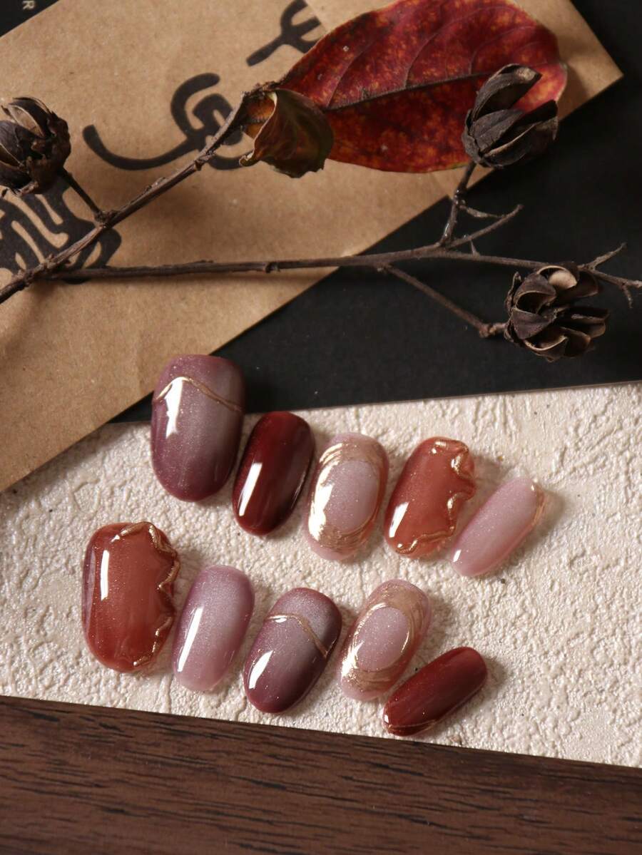 10pcs Nail Stickers, Red Cat Eye, Brown, Gold Lace Short Nail Stickers, Includes 1pc Adhesive Sticker And 1pc Mini Nail File. - Multicolor - View 1