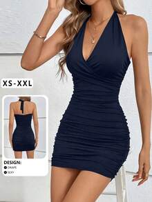 性感深 V 领褶饰腰部挂脖露背镂空迷你连衣裙，全新夏季设计