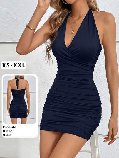 性感深 V 领褶饰腰部挂脖露背镂空迷你连衣裙，全新夏季设计