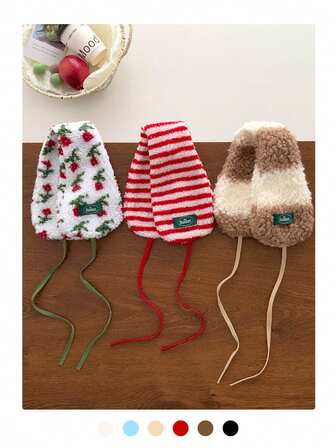 Söta mångsidiga tjocka varma sherpa randig halsduk öronkåpor för kvinnor, varma mångsidiga ansiktsinramade öronvärmare mössa halsduk sherpa handskar öronkåpor, lämpliga för tjejer på vintern, söta exponerade fingrar vindtäta öronkåpor, moderiktiga fluffiga öronkåpor med knytband för kvinnor på vintern