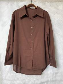 Women's Long-Sleeved Linen Shirt - 巧克力棕色2 - 查看 2