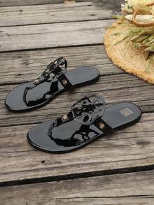 Women's Fashionable, Casual, Minimalist, Elegant, Glossy Black Flat Sandals, Brown Flat Sandals,  Homewear, Comfortable, Walking, Outdoor, Plus Size, Beach, Summer, Slip-On, Round Cutout Pattern, Round Toe, Flat Flip Flop Sandals - 黑色 - 查看 6