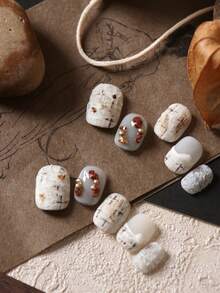 10pcs Acrylic Press On Nails White Nails Woolen Pattern French Stylenail Supplies Nails Press On Short Nails Fake Nails Artificial Nails Kit Includes 1sheet Adhesive Tabs &1 Pc Mini File - Multicolor - View 2