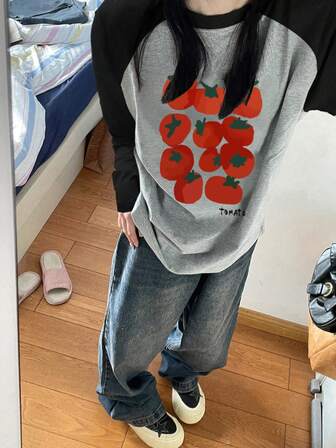 Women's Loose Casual Versatile English Raglan Contrast Color Tomato & Fruit Print Long Sleeve T-Shirt