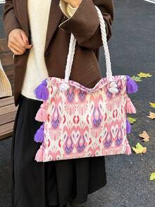 Bolso de hombro tipo tote de tela con borlas, hecho a mano, versátil y artístico, estilo Chiang Mai - Rosa - Ver 3