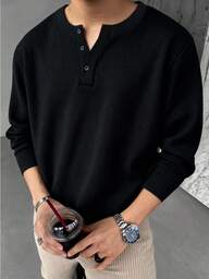 1 pieza Camiseta de punto de nido de abeja con cuello henley para hombre, tela de punto de nido de abeja, diseño de cuello en V pequeño, cómoda y casual, con detalles de botones, adecuada para uso diario, estilo vintage, para otoño, manga larga