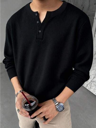 1pc Men's Henley Collar Waffle Knit Top, Waffle Knit Fabric, Small V-Neck Design, Comfortable Casual, Button Detail, Suitable For Daily Wear, Vintage Style, For Fall, Long Sleeve Top