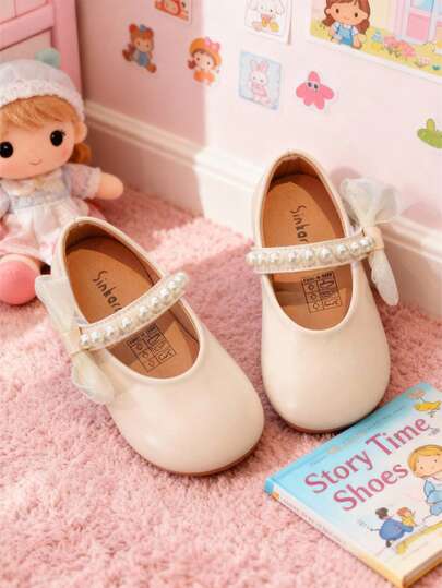1 paire de chaussures plates pour enfants 2025, design nœud, fermeture à boucle et à crochet, décoration de perles faite à la main, convient aux jupes, chaussures plates pour enfants
