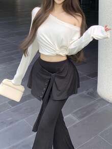 ملابس علوية قصيرة للنساء بياقة غير متماثلة، تفاصيل ملتوية، أكمام طويلة - أبيض - مشاهدة 1