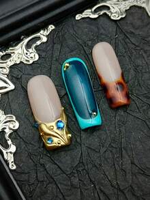 10pcs Baroque Style Artificial Nails, DIY French Y2K Manicure Set, Including Pink, Red, Light Blue, Brown, Shiny Nails, 3D Handmade Starfish & Shell Decor, 3D Hand-Painted Wave & Cherry Blossom, 3D Colorful Carved Flower Acrylic Nails, Suitable For Christmas, Girls Nail Art Kit, Comes With Gel Stickers And Nail File. - 彩色 - 查看 6