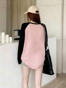Vintage Color Block Long Sleeve T-Shirt For Women, Thin Loose Niche Raglan Sleeve Top, Autumn - Pink - View 10
