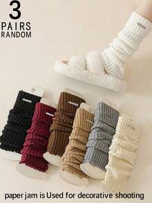 5 Pairs Women's Solid Color Vertical Striped Leg Warmers, Simple Fashion Versatile Thigh High Autumn/Winter, Cozy - 多色 4 - 查看 10