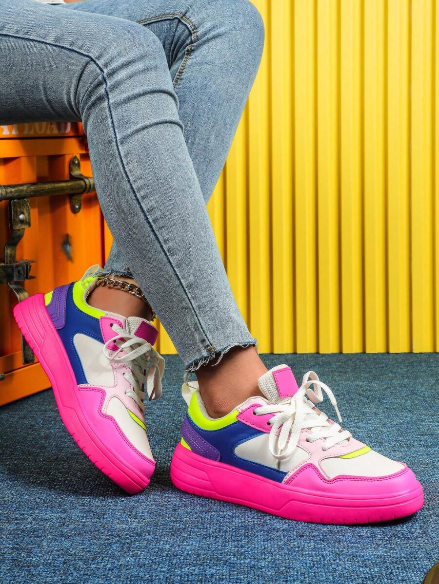 Women's Casual Athletic Shoes, Dopamine-Enhanced Colorful Low-Top Lace-Up Skate Shoes, EVA Soft Sole For Comfort And Durability, Suitable For Everyday Wear, Commuting, Travel, And As A Holiday Gift. - 粉紅藍玫紅 - 查看 1