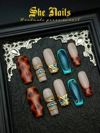 10pcs Baroque Style Artificial Nails, DIY French Y2K Manicure Set, Including Pink, Red, Light Blue, Brown, Shiny Nails, 3D Handmade Starfish & Shell Decor, 3D Hand-Painted Wave & Cherry Blossom, 3D Colorful Carved Flower Acrylic Nails, Suitable For Christmas, Girls Nail Art Kit, Comes With Gel Stickers And Nail File.