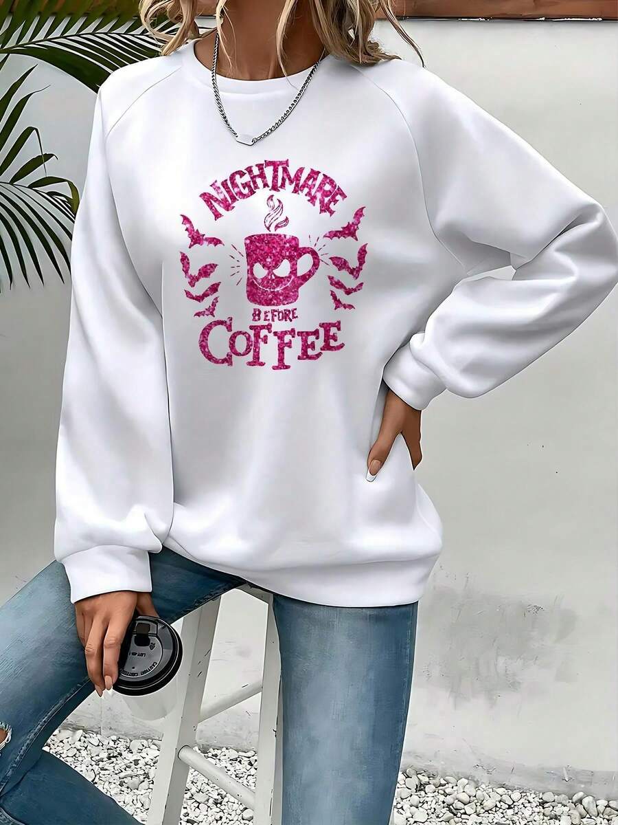 Women's Nightmare Before Christmas Graphic Sweatshirt -  Coffee Cup Design, Cozy Round Neck Pullover For Fall Winter, Casual Lounge Wear, Halloween & Christmas Outfits, Machine Washable (Officially Licensed) - 白色 - 查看 1