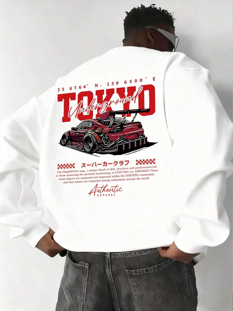 Áo nỉ cổ tròn in chữ và hình xe đua cho nam màu trắng - trắng - Xem 1