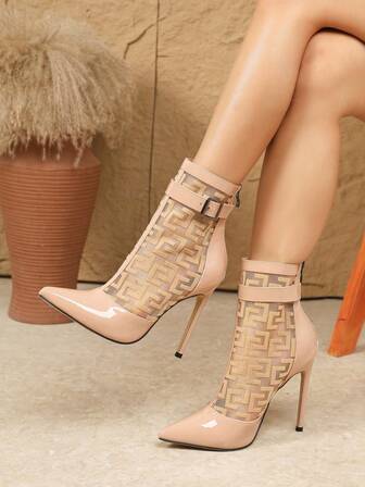 秋冬性感夜店风网眼拼接后拉链尖头细高跟踝靴，杏色，女款，高跟鞋