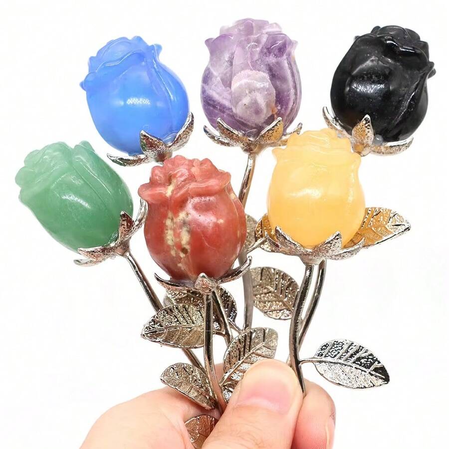 1pc Natural Rock Crystal Carved Rose Flower, Reiki Healing Gemstone Floral Craft, Eternal Love Symbol, Handmade Home Decor Gift For Wife And Girlfriend - Natural Stone - View 1