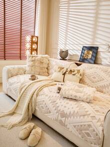 Funda de sofá de lujo y mullida - Gruesa, cálida, antideslizante, adecuada para la sala de estar, la oficina y la decoración del dormitorio - Lavable a máquina, se ajusta a sofás de 1 a 4 plazas - Beis - Ver 7